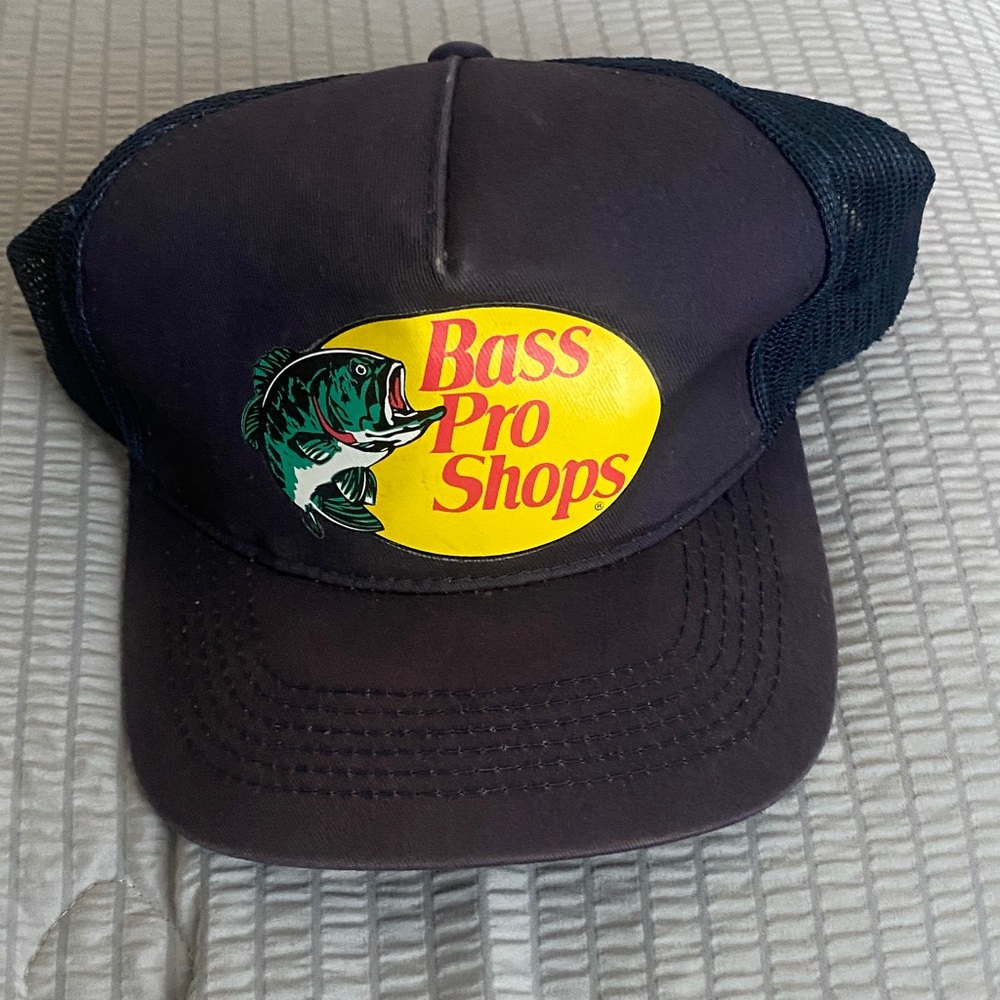 Bass Pro Shops Navy Blue Trucker Hat with Yellow Logo and Green Fish